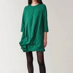 COS Bubble Scrunched Hem 3/4 Sleeve Pocket Dress in Emerald Green - Size 6
